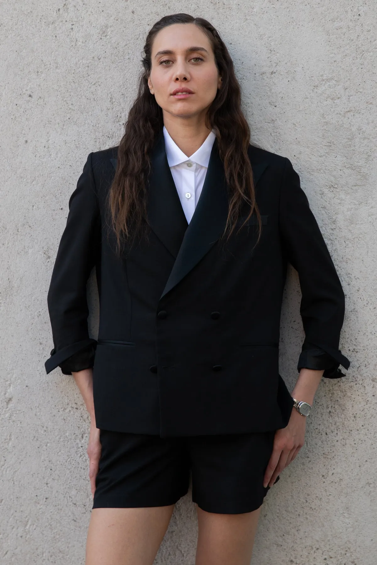 CROPPED DOUBLE BREASTED TUXEDO JACKET - SUPER 120s WOOL (ARCHIVAL FABRIC) sold by Chava Studio product image thumbnail 5