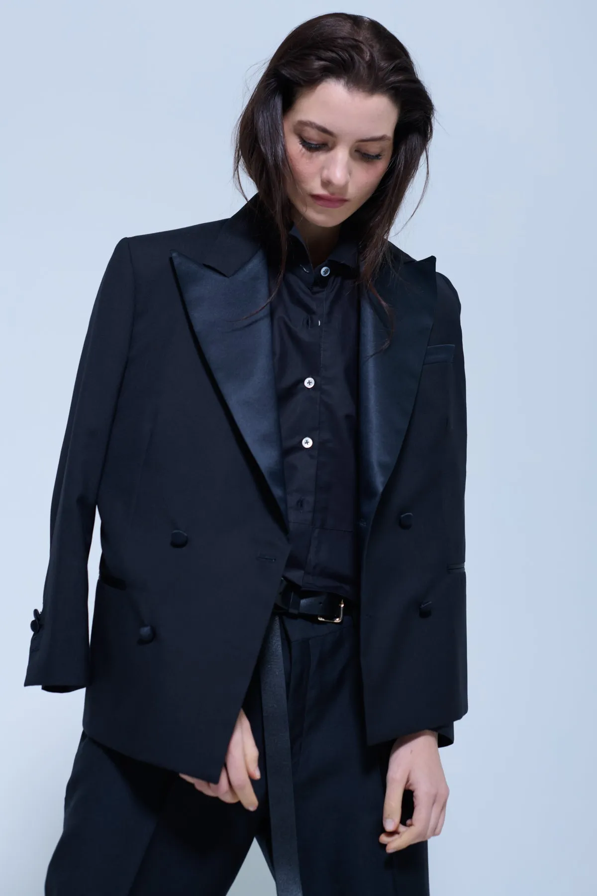 CROPPED DOUBLE BREASTED TUXEDO JACKET - SUPER 120s WOOL (ARCHIVAL FABRIC) sold by Chava Studio