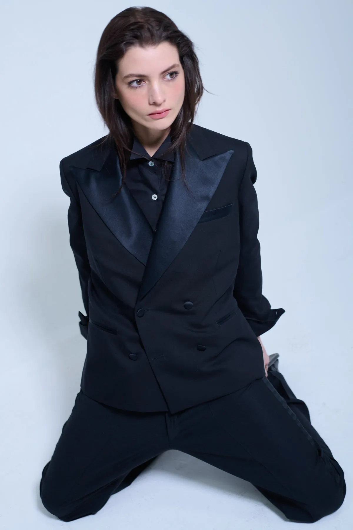 CROPPED DOUBLE BREASTED TUXEDO JACKET - SUPER 120s WOOL (ARCHIVAL FABRIC) sold by Chava Studio product image thumbnail 4