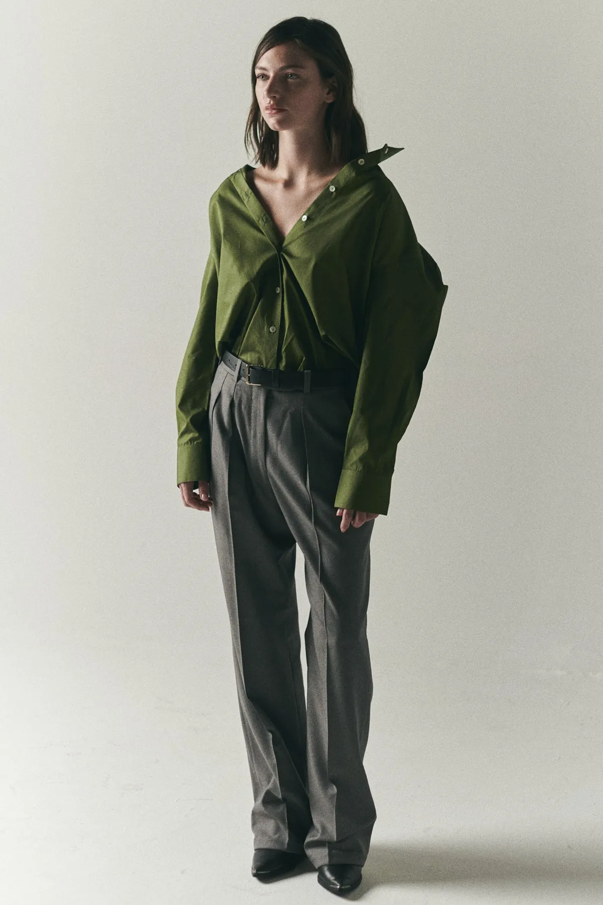 WOOL PLEATED GARÇON PANT IN GRAY sold by Chava Studio