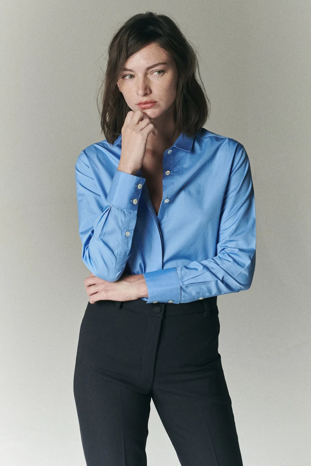 KARLA SLIM BUTTON-DOWN IN FRENCH BLUE - ALUMO SWISS COTTON sold by Chava Studio