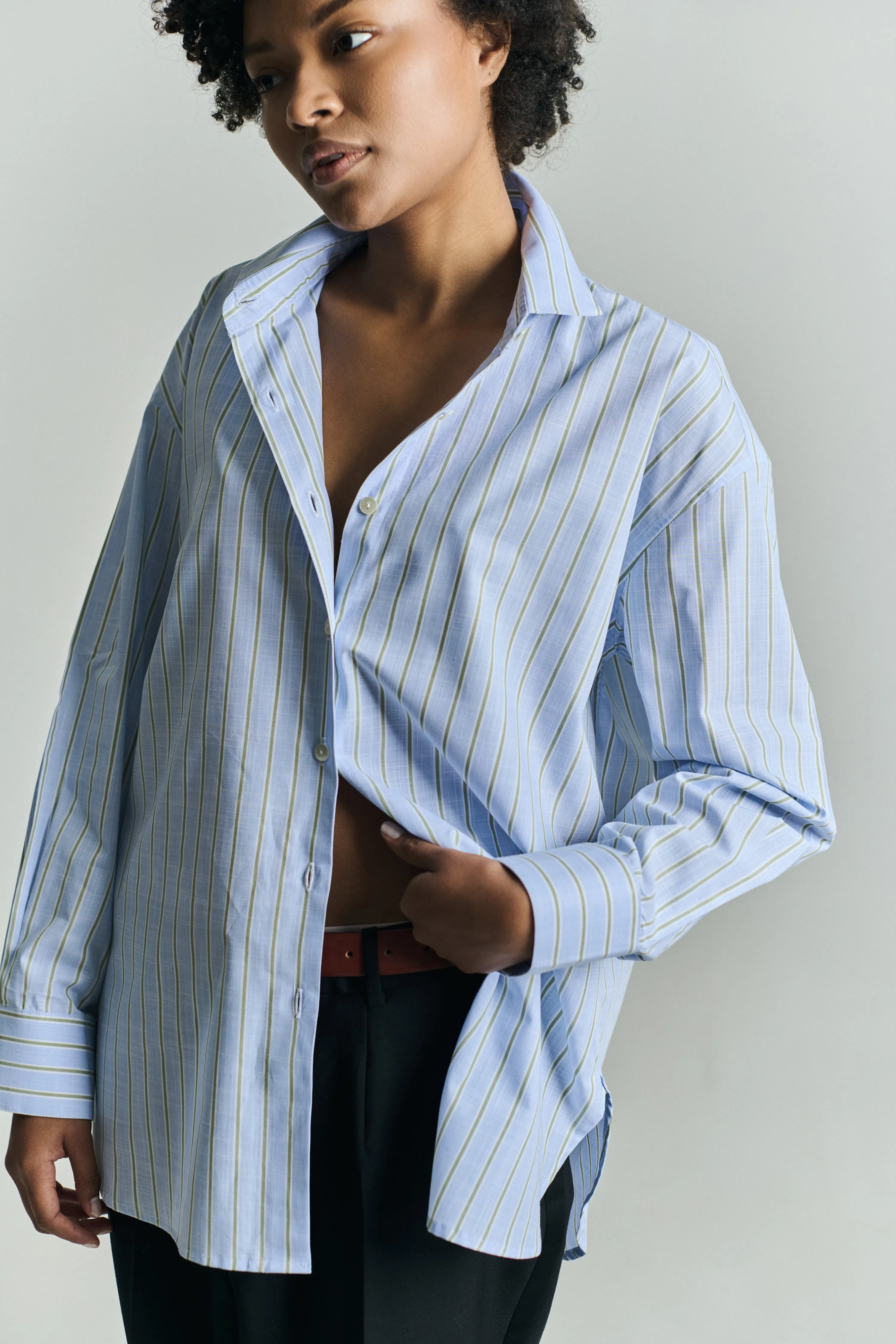 INES OVERSIZED SHIRT IN BLUE & GREEN STRIPES - IBIEFFE ITALIAN COTTON sold by Chava Studio product image thumbnail 2