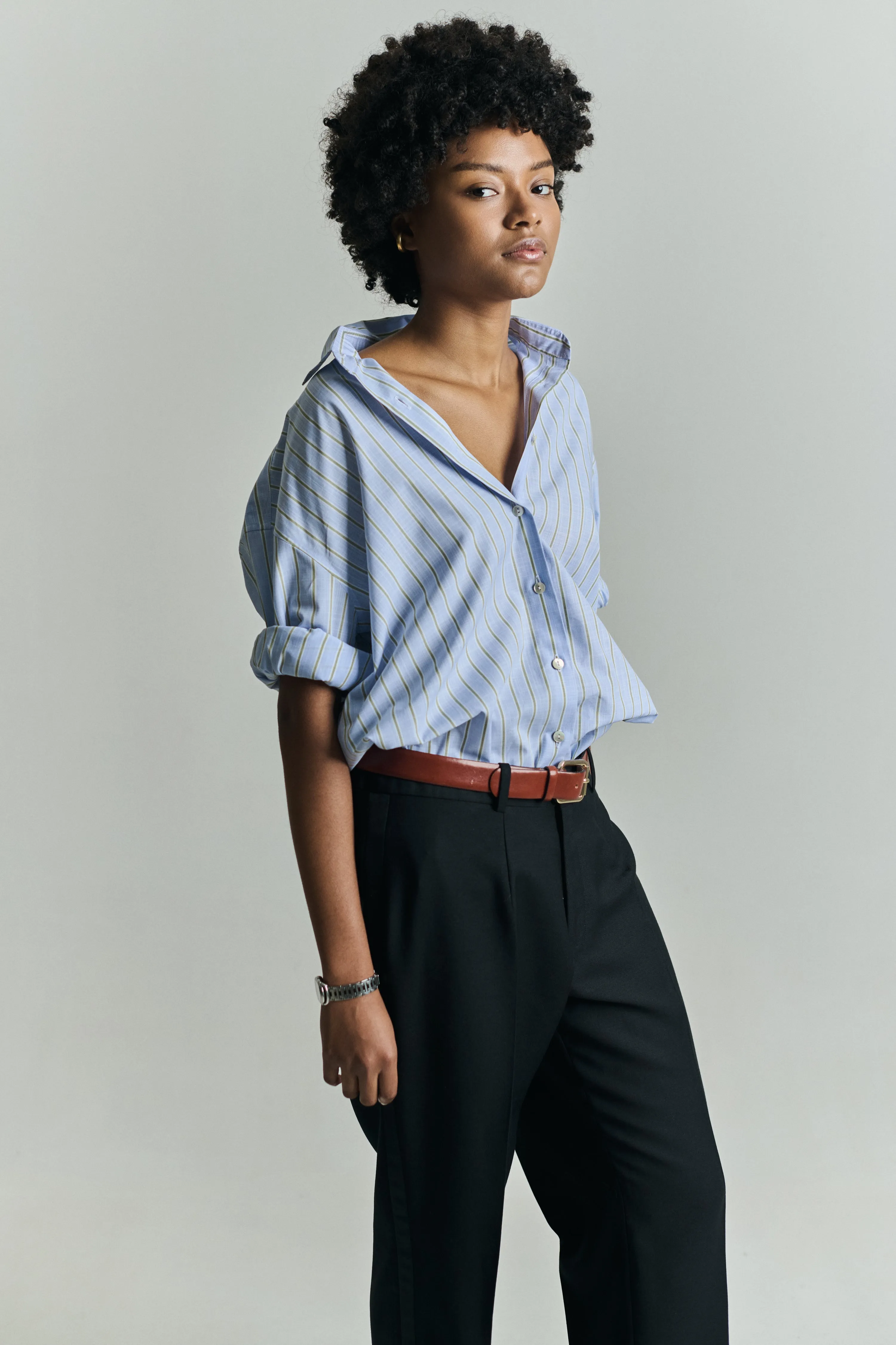 INES OVERSIZED SHIRT IN BLUE & GREEN STRIPES - IBIEFFE ITALIAN COTTON sold by Chava Studio product image thumbnail 3