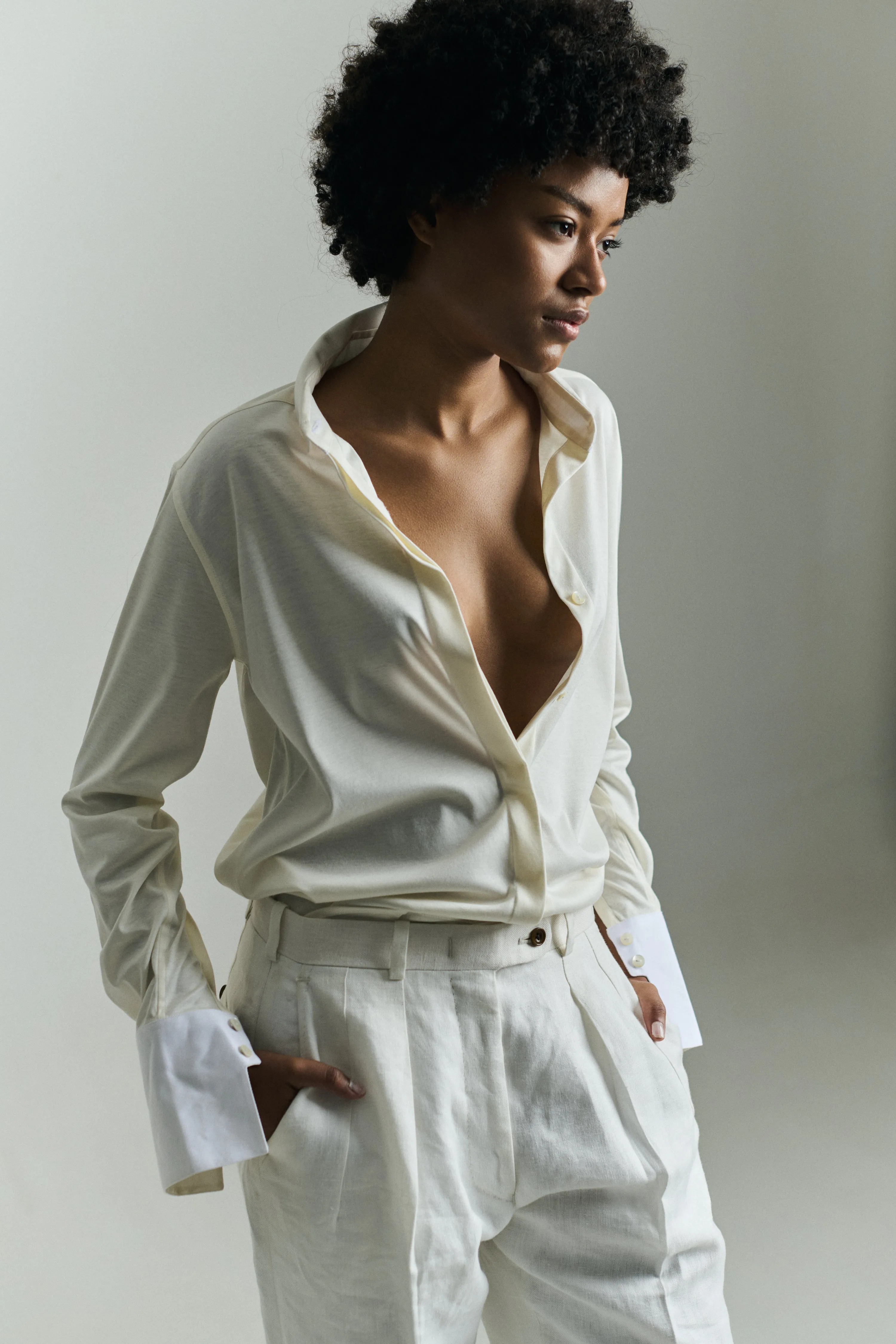 KARLA SLIM BUTTON-DOWN IN CREAM SWISS JERSEY COTTON sold by Chava Studio