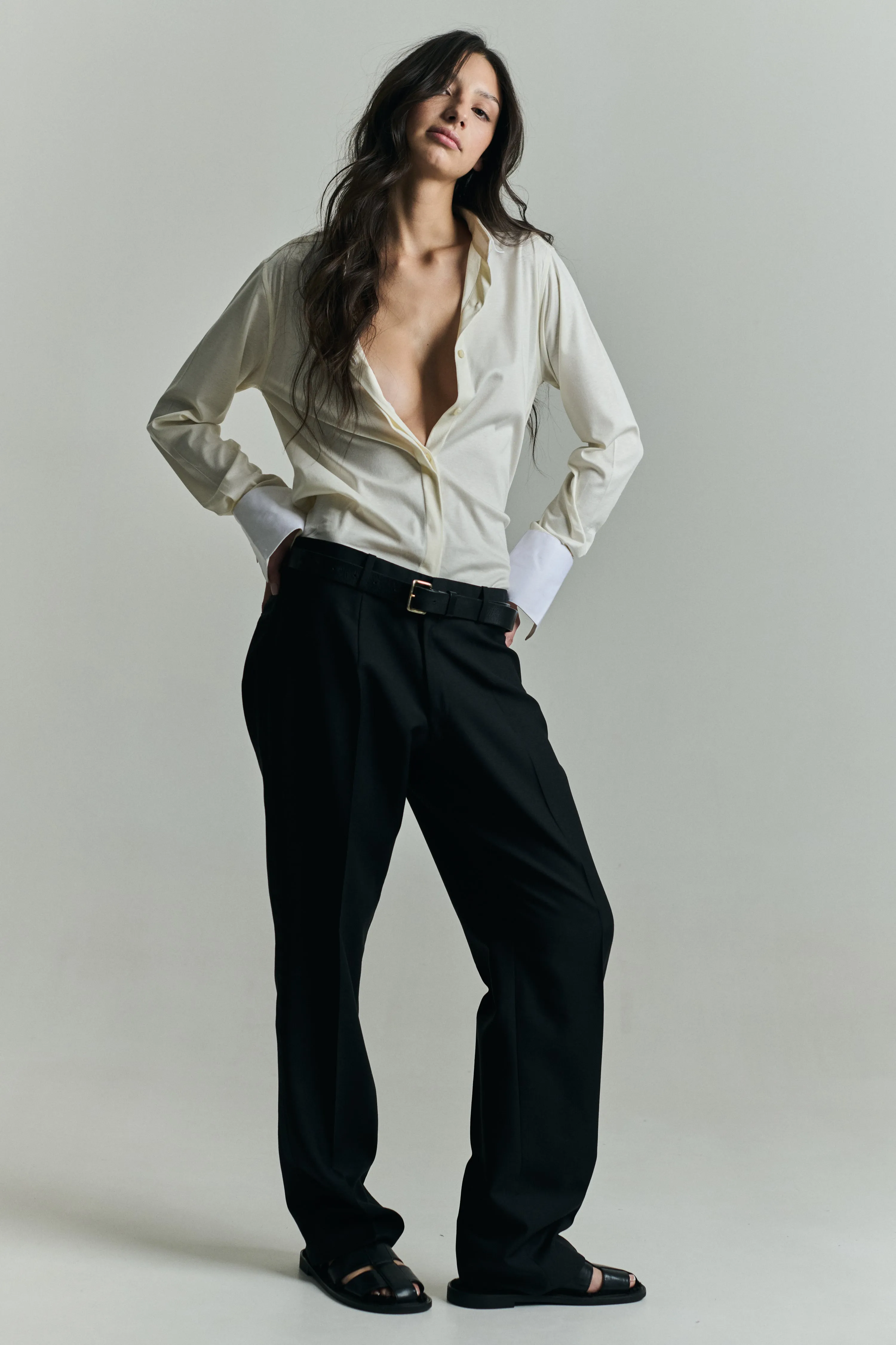 KARLA SLIM BUTTON-DOWN IN CREAM SWISS JERSEY COTTON sold by Chava Studio product image thumbnail 2