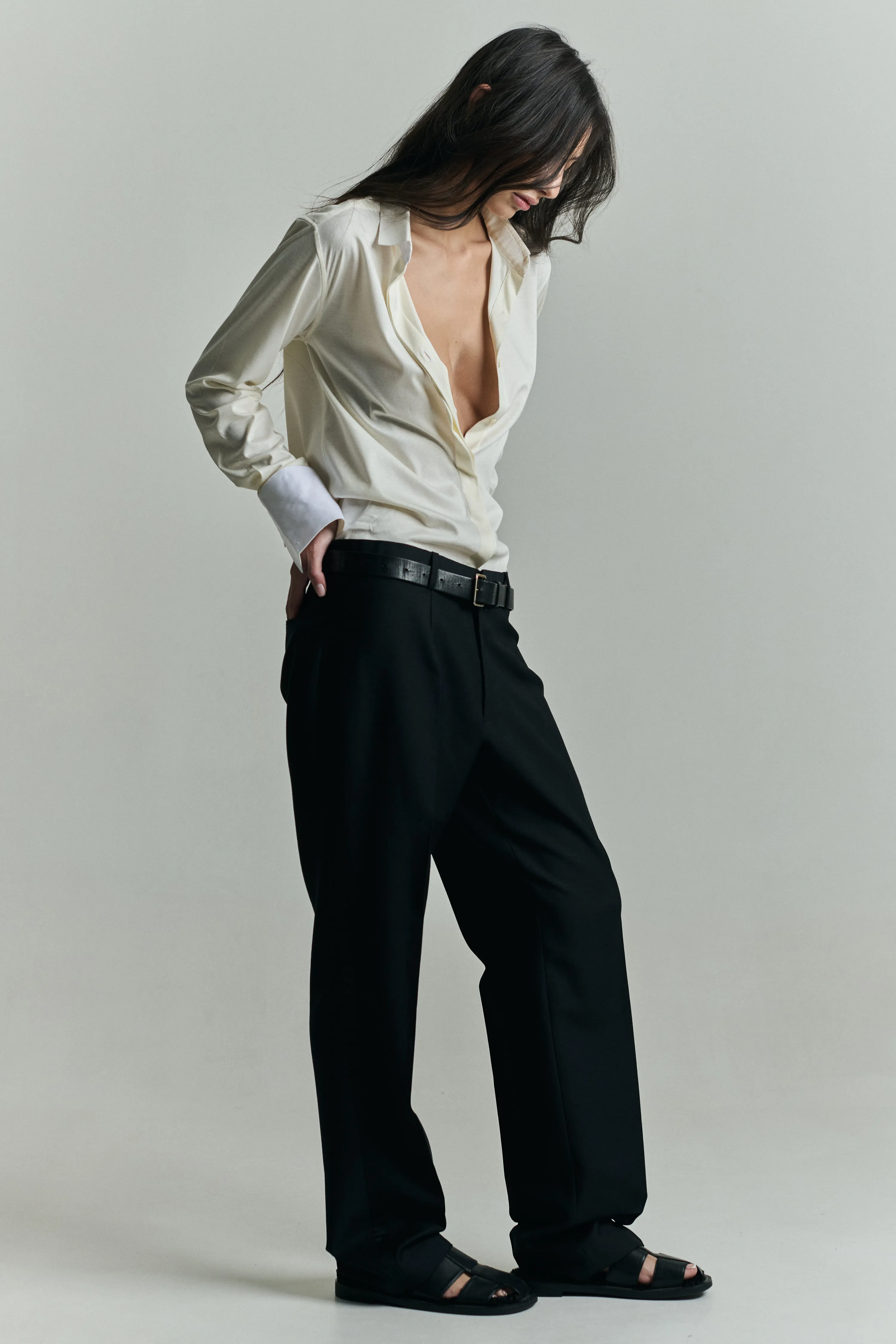 KARLA SLIM BUTTON-DOWN IN CREAM SWISS JERSEY COTTON sold by Chava Studio product image thumbnail 4