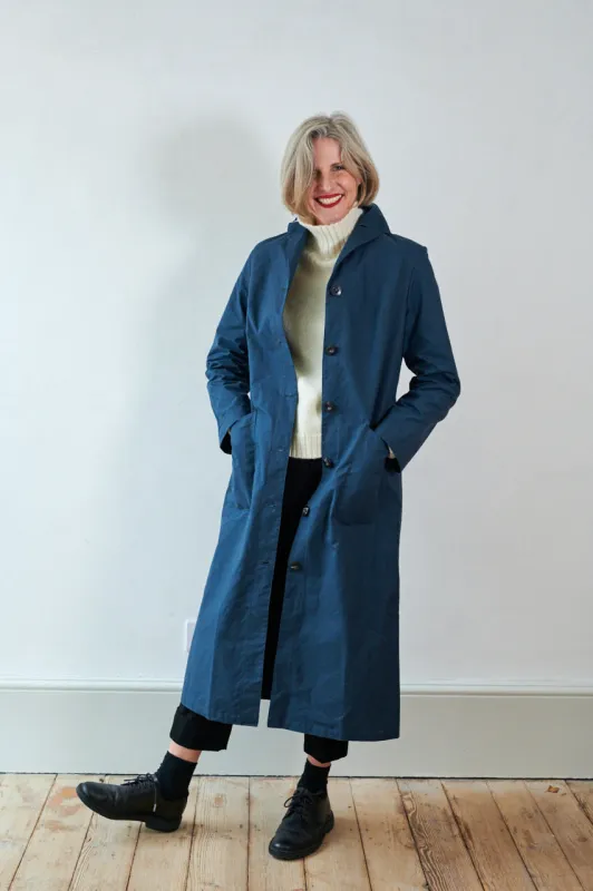 Women's Dry Waxed Duster Coat in Indigo made by Freight HHG