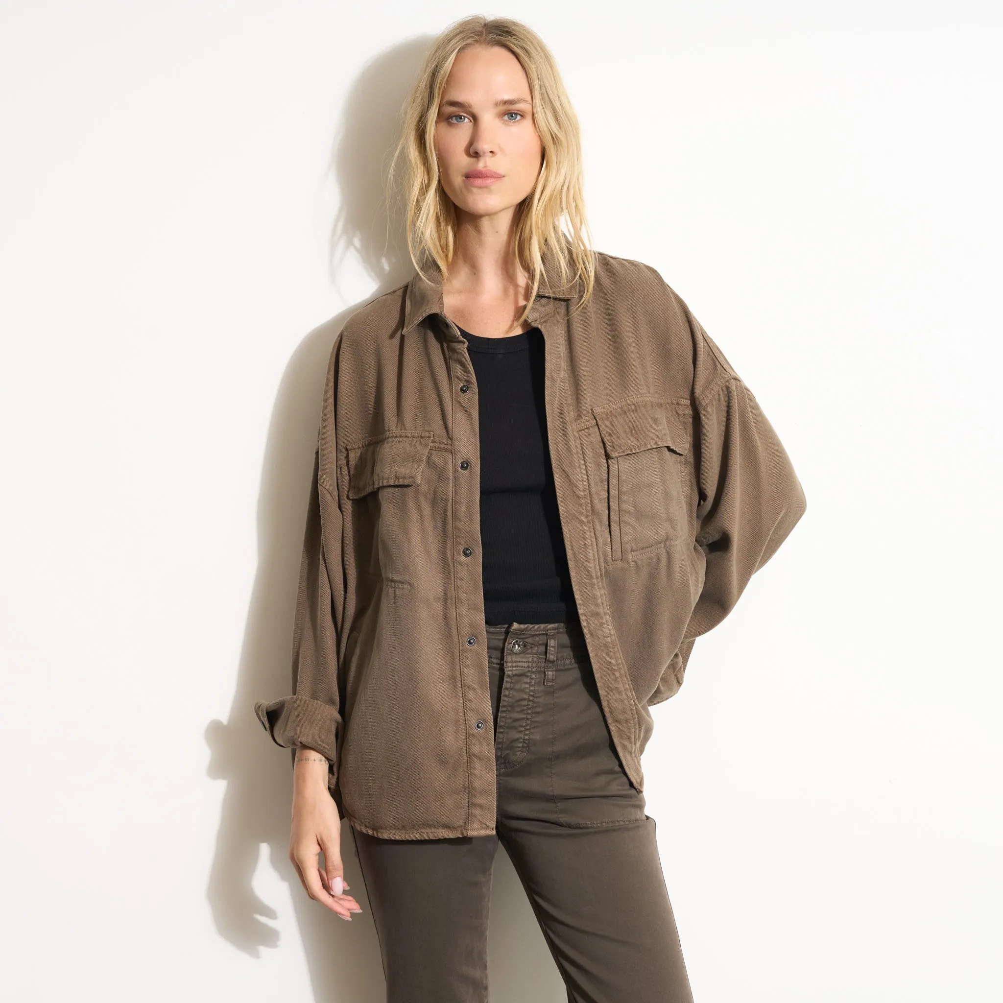 Odette Drape Denim Twill Shirt Jacket sold by rowan