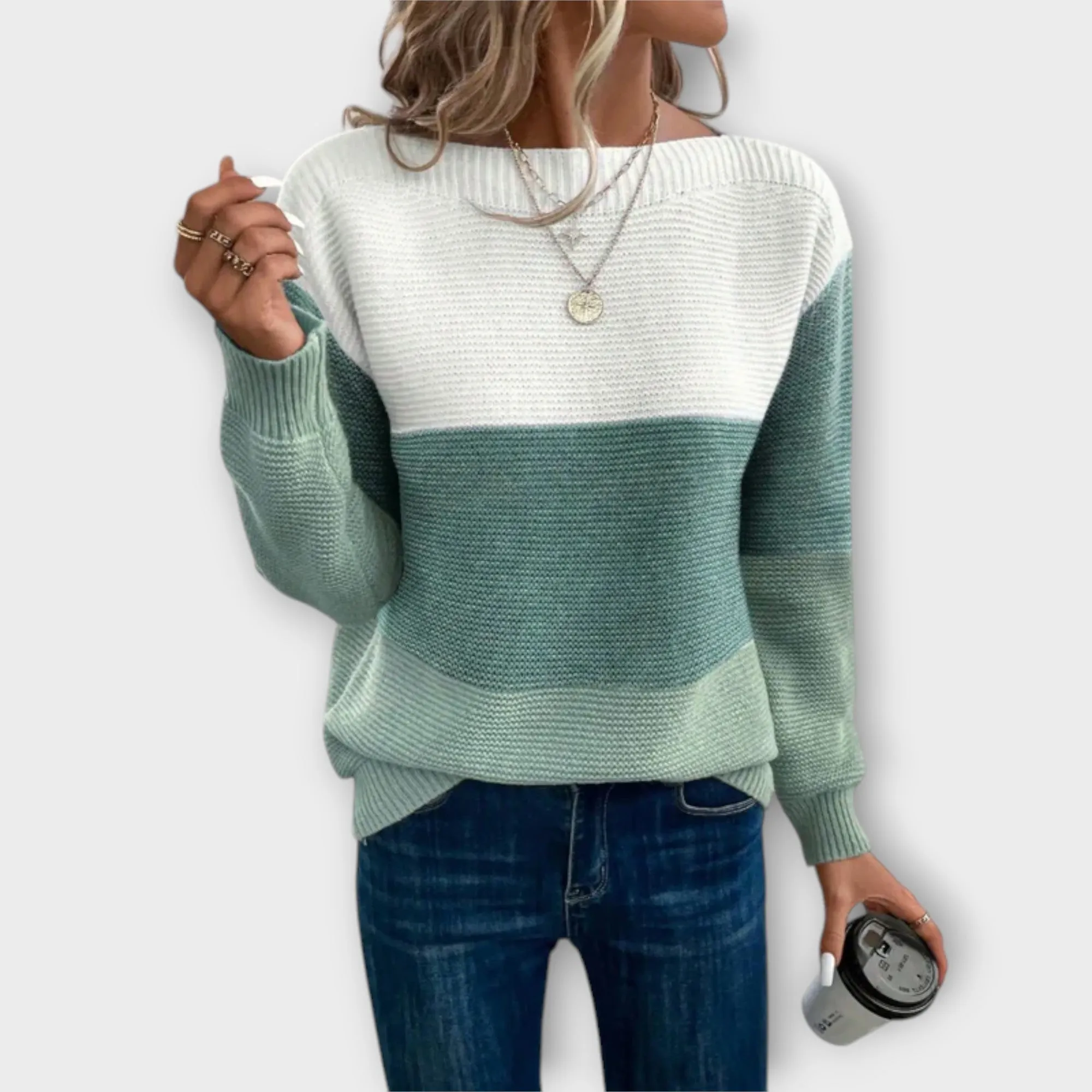 Maria™ | Elegant Tri-Color Patchwork Sweater sold by Rowan Toronto