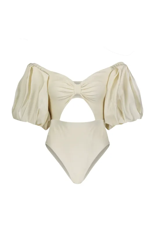 Off White Puff Sleeve Bodysuit made by Fe Noel