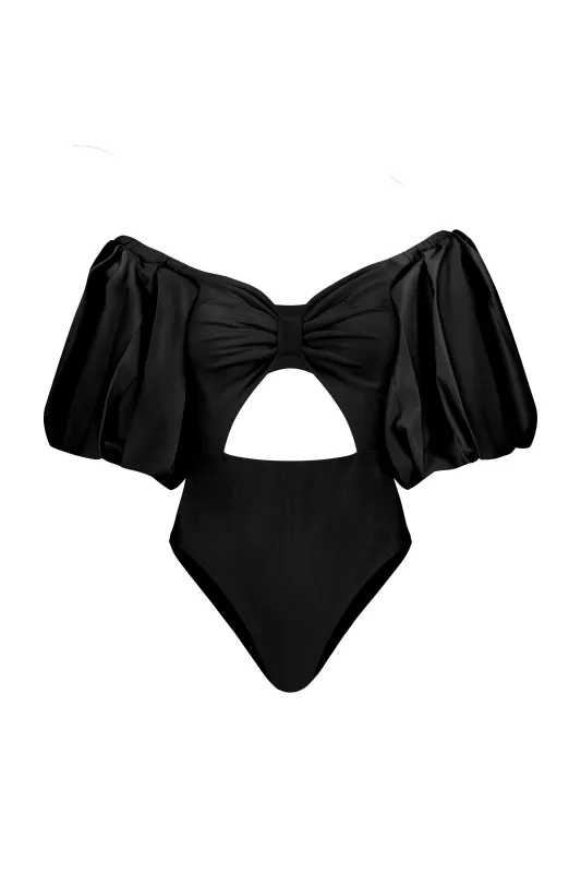 Midnight Puff Sleeve Bodysuit made by Fe Noel