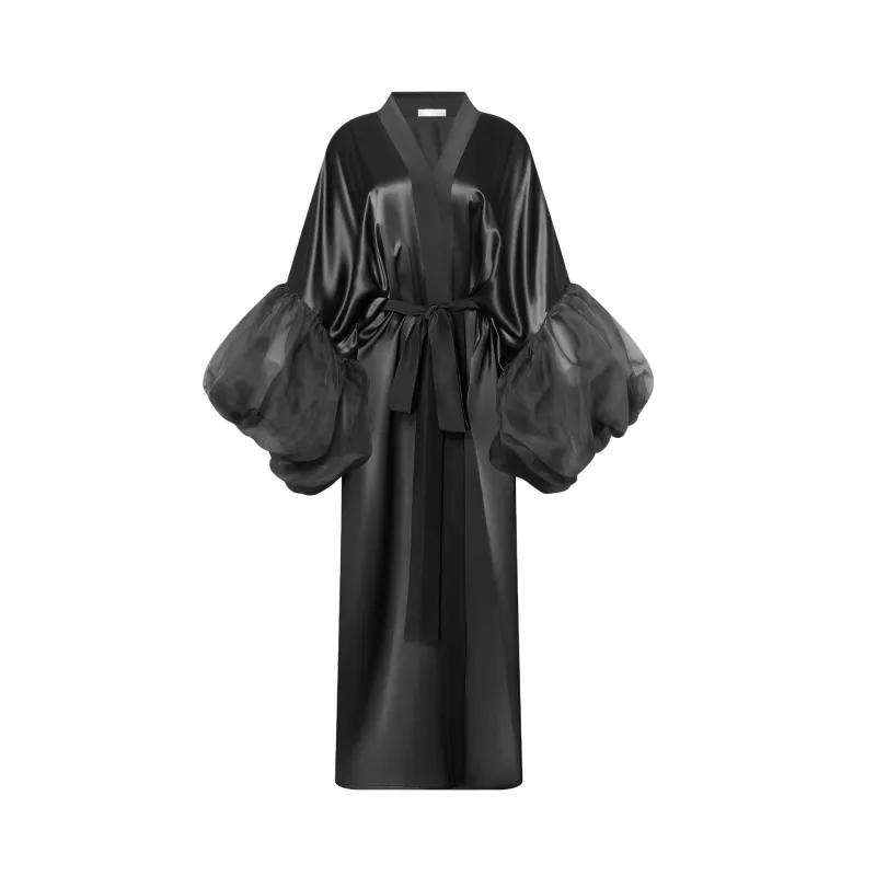 Noir Silk Wilted Sleeve Robe made by Fe Noel