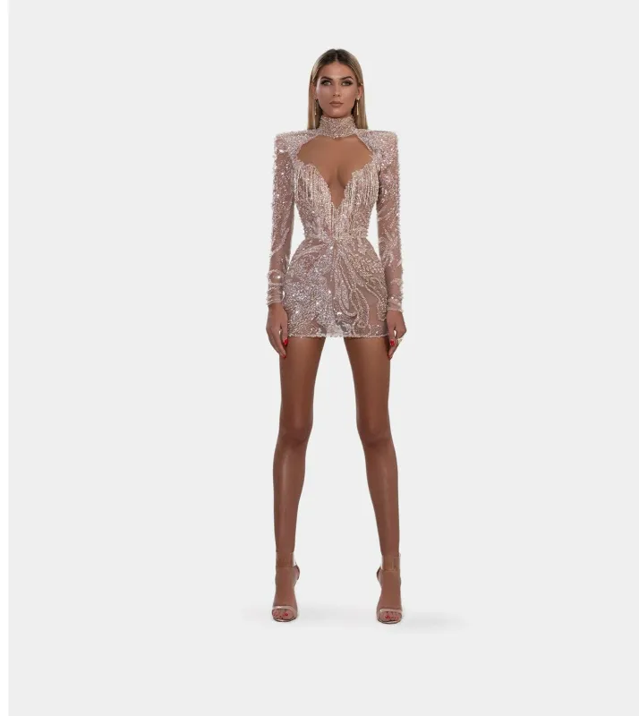Short rose-nude fringe corset dress (US EDITION) made by Albina Dyla