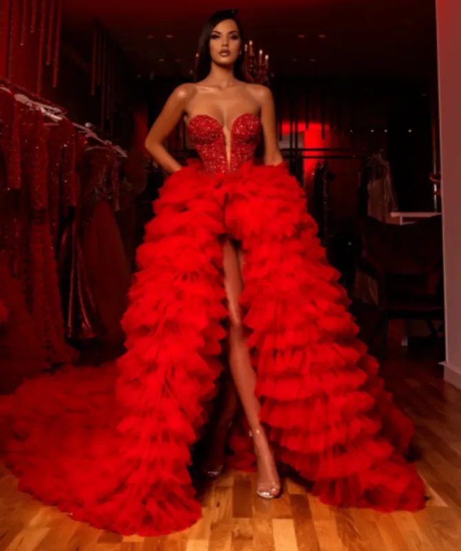 Long Red Tulle Dress with Gloves made by Albina Dyla