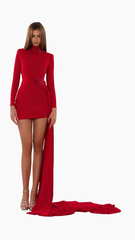 Red Draped Mini Dress with Train made by Albina Dyla