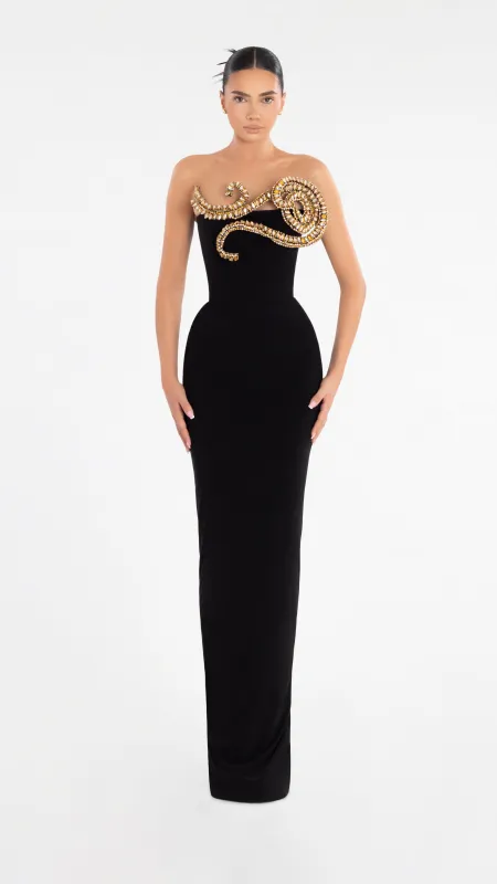 Black Evening Dress with Gold Embellishment made by Albina Dyla
