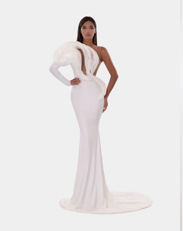 LONG WHITE DRESS WITH ONE SLEEVES made by Albina Dyla
