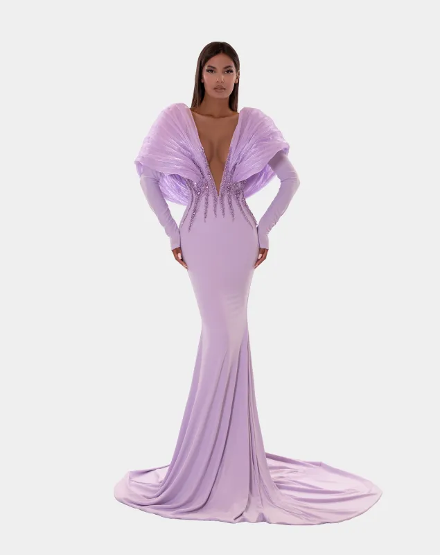 LILAC PUFF SLEEVES AND V- NECK LONG DRESS made by Albina Dyla