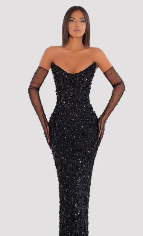 Beads & Feather Long Black Dress made by Albina Dyla