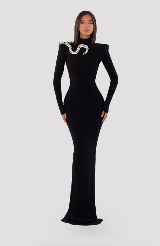 Black maxi dress with high neck and open back made by Albina Dyla