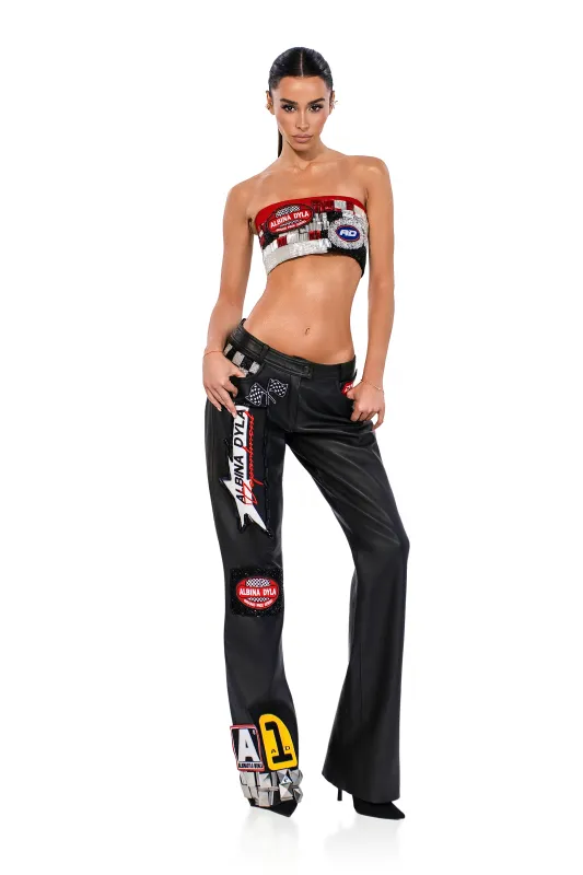 ALBINADYLA EMBROIDERED LEG LEATHER PANTS made by Albina Dyla