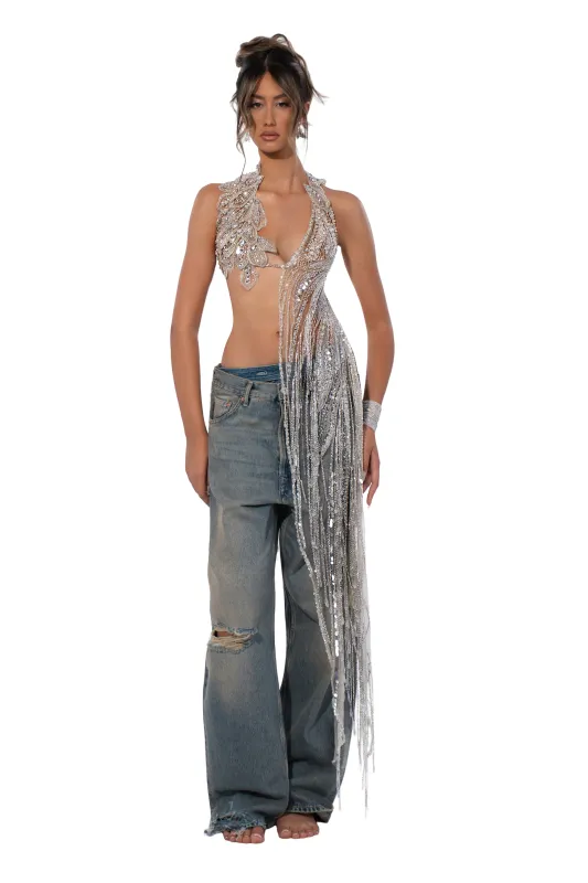 Crystal Cascade Asymmetric Halter Top made by Albina Dyla