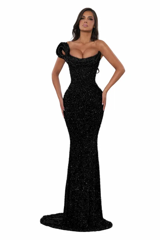 One Shoulder Crystal Gown Black (US Edition) made by Albina Dyla