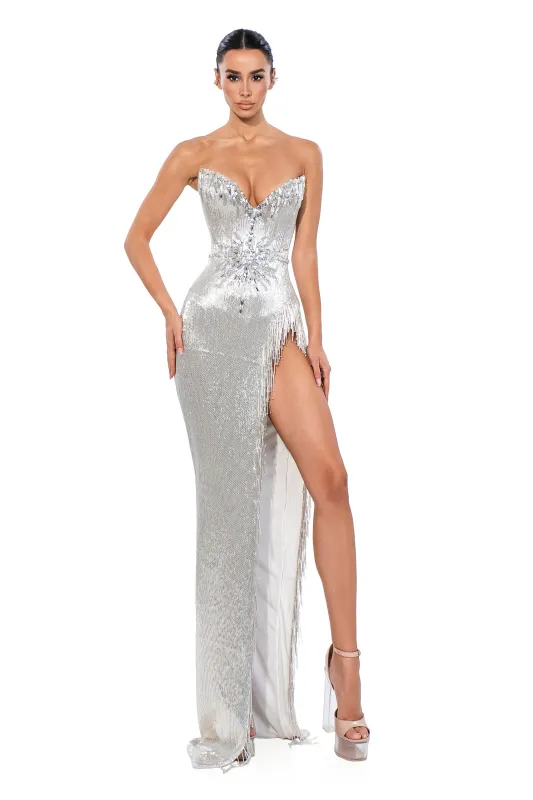 STRAPLESS FRINGE SLIT GOWN (Limited Availability) made by Albina Dyla