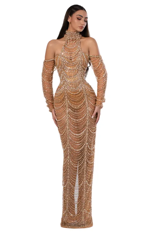 Nude High-Neck Gown with Draped Beadwork made by Albina Dyla