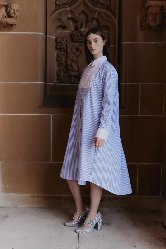 Collegiate Dress in Blue and white stripe made by macgraw