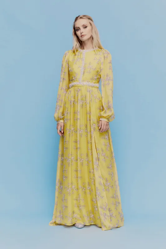 Baroque Dress in mustard floral sold by macgraw