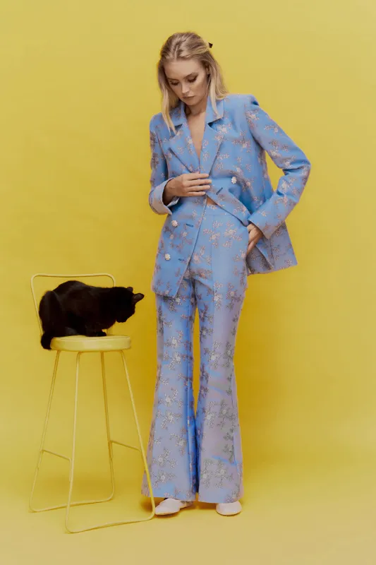 Circa 72 Trouser in blue floral jacquard sold by macgraw