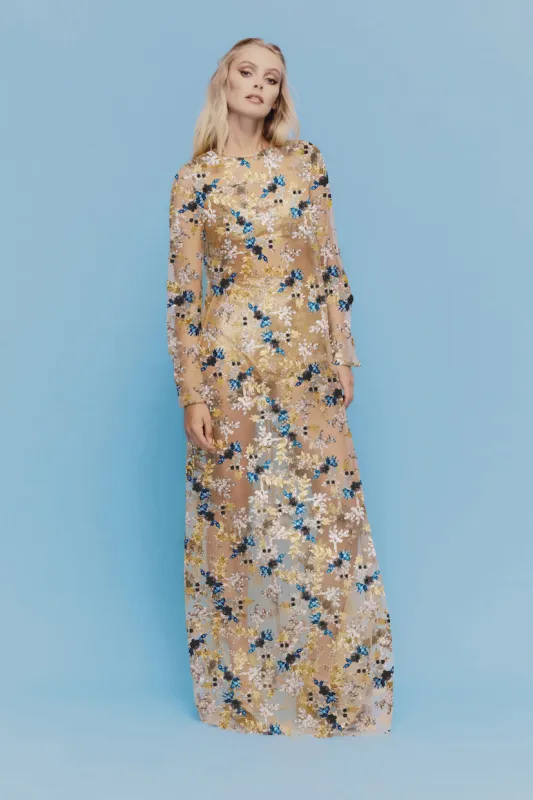 Soiree Dress in blue and gold floral sequin sold by macgraw