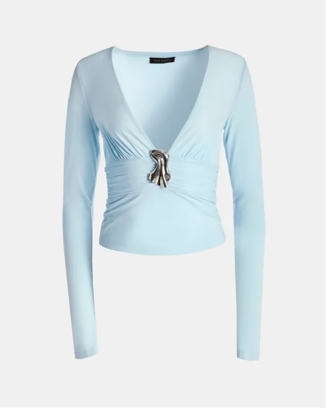 Long Sleeve V Neck Top with Brooch Light Blue made by Kate Barton