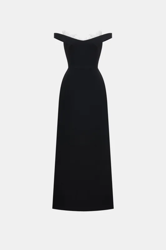 Black Off Shoulder Lace Detail Midi Dress made by Montsand