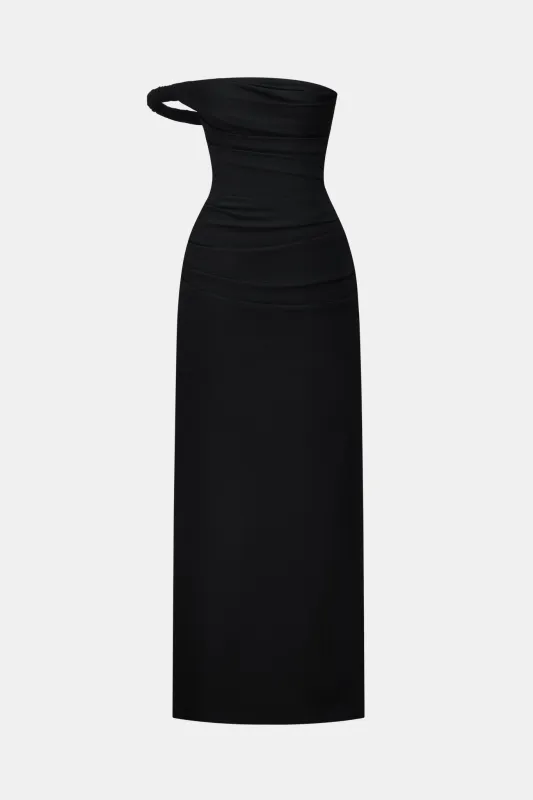 Black One-off Shoulder Draped Midi Dress sold by Montsand
