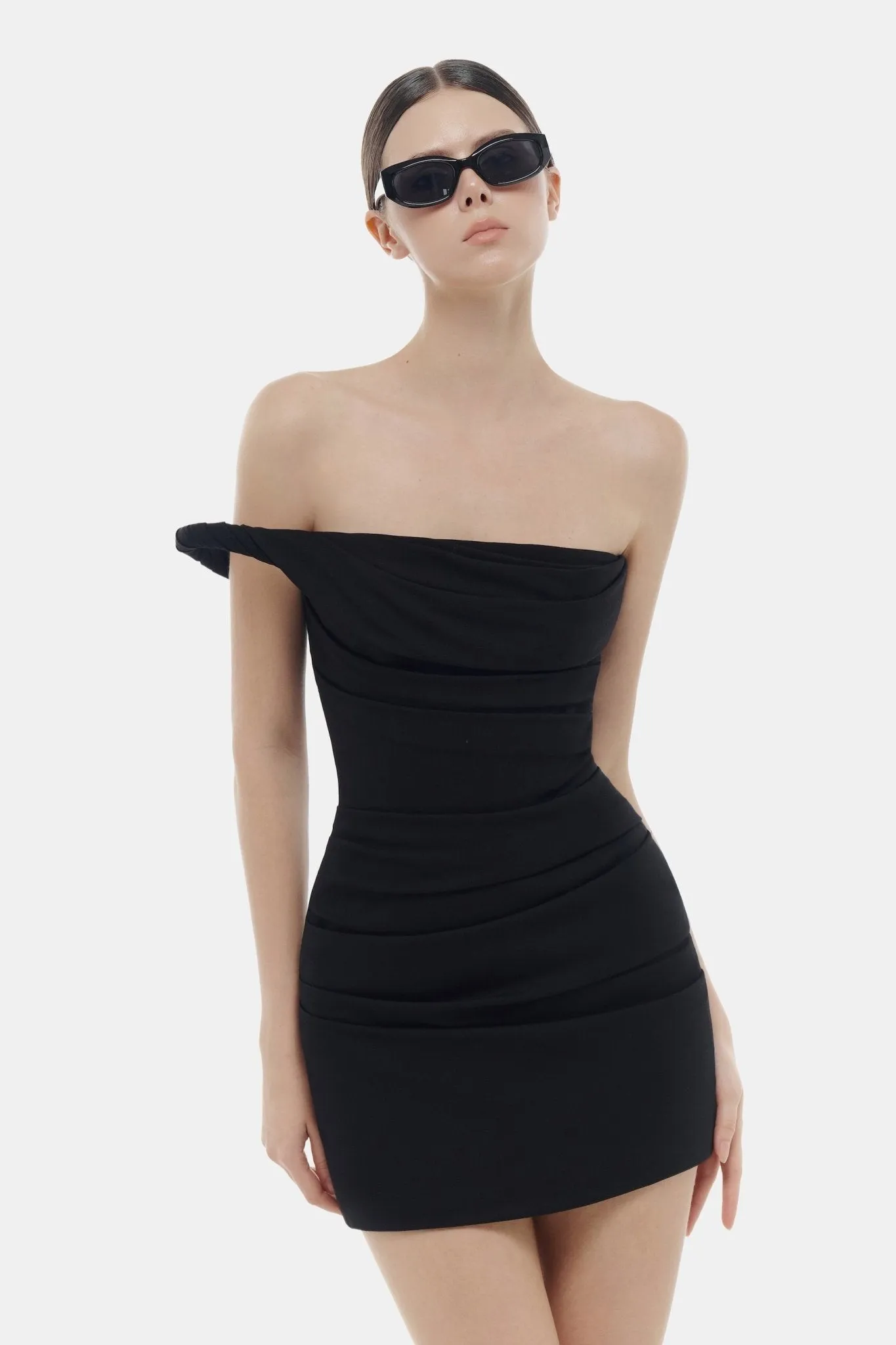 Black One-off Shoulder Draped Mini Dress sold by Montsand product image thumbnail 5