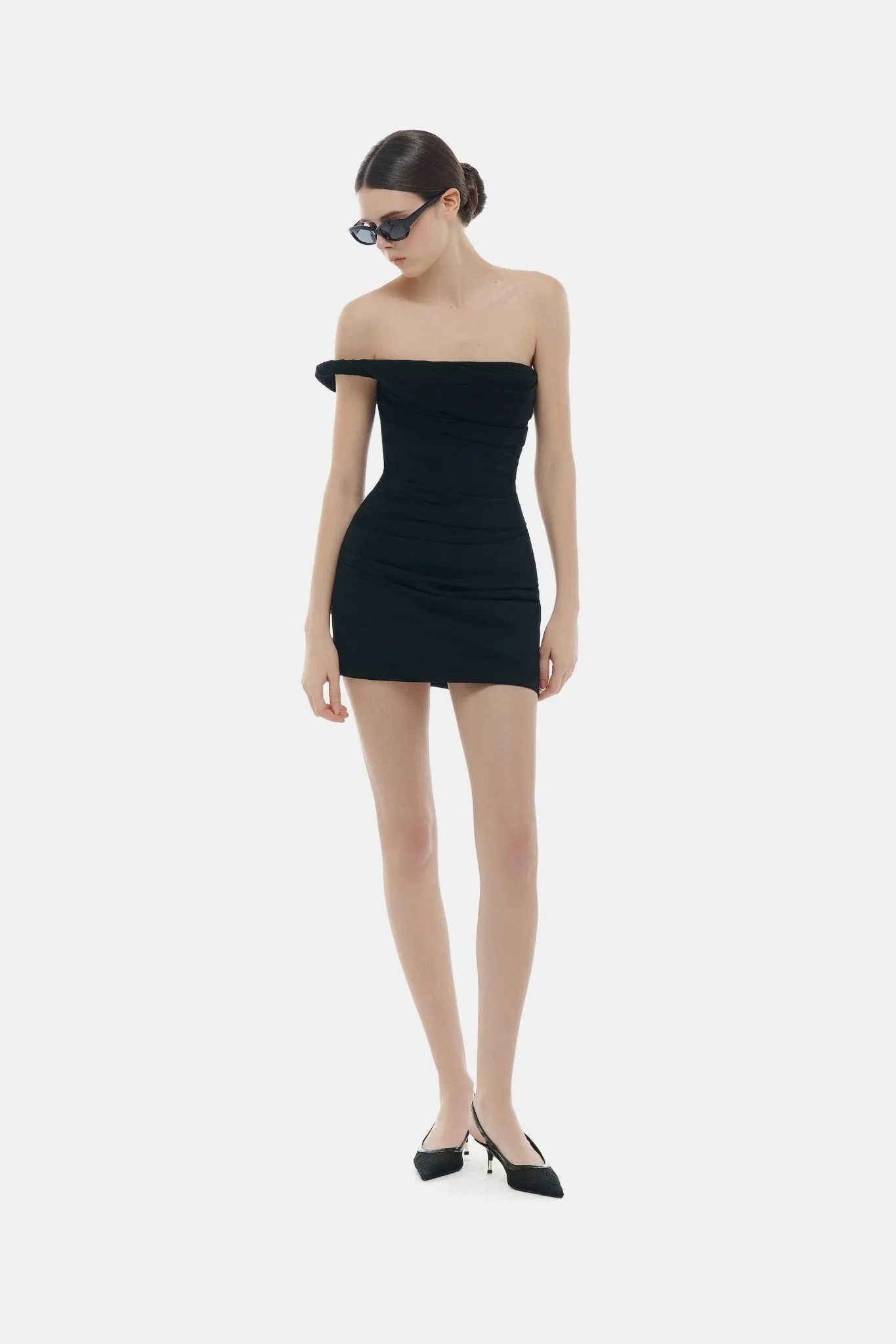 Black One-off Shoulder Draped Mini Dress sold by Montsand product image thumbnail 2