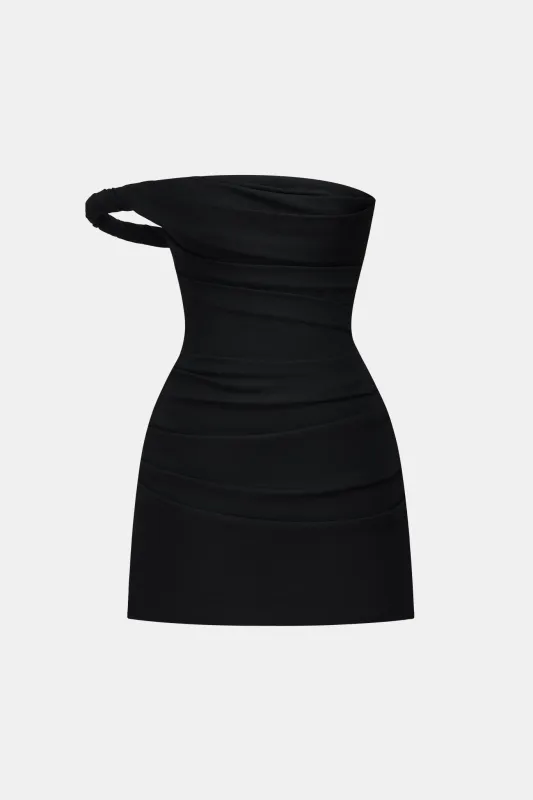 Black One-off Shoulder Draped Mini Dress made by Montsand