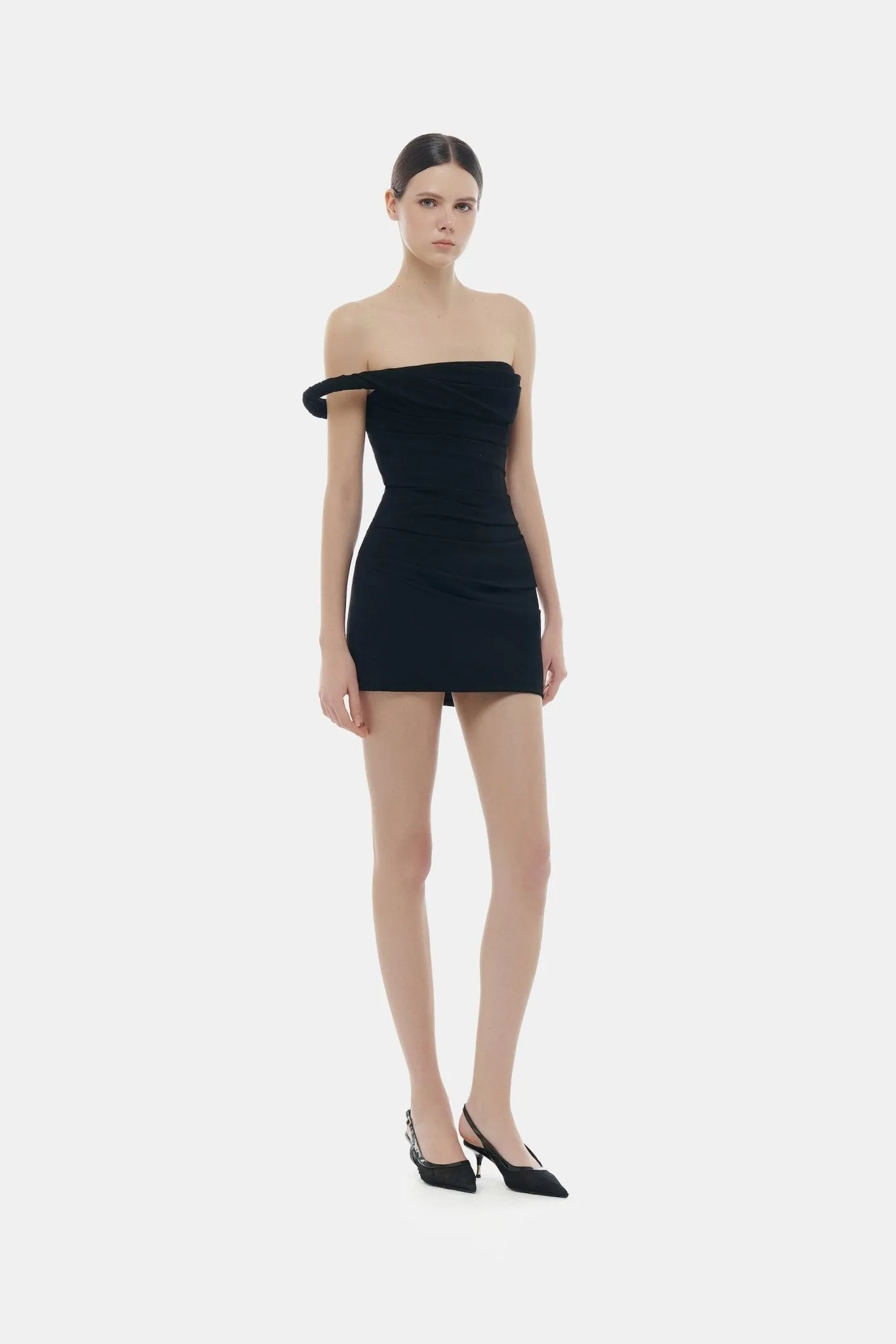 Black One-off Shoulder Draped Mini Dress sold by Montsand product image thumbnail 3