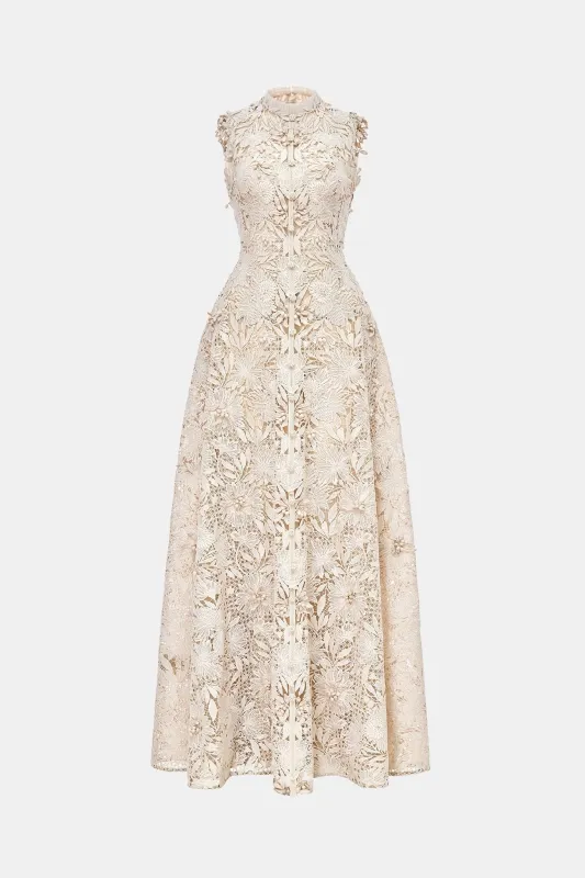 Beige Flower Beaded Maxi Dress made by Montsand