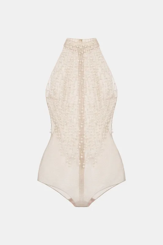 Beige Faux Pearl Sleeveless Top made by Montsand