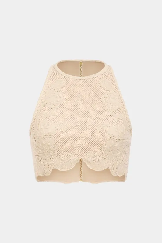 Beige Floral Sleeveless Croptop made by Montsand