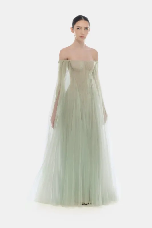 Mint Tulle Off-shoulder Maxi Dress made by Montsand