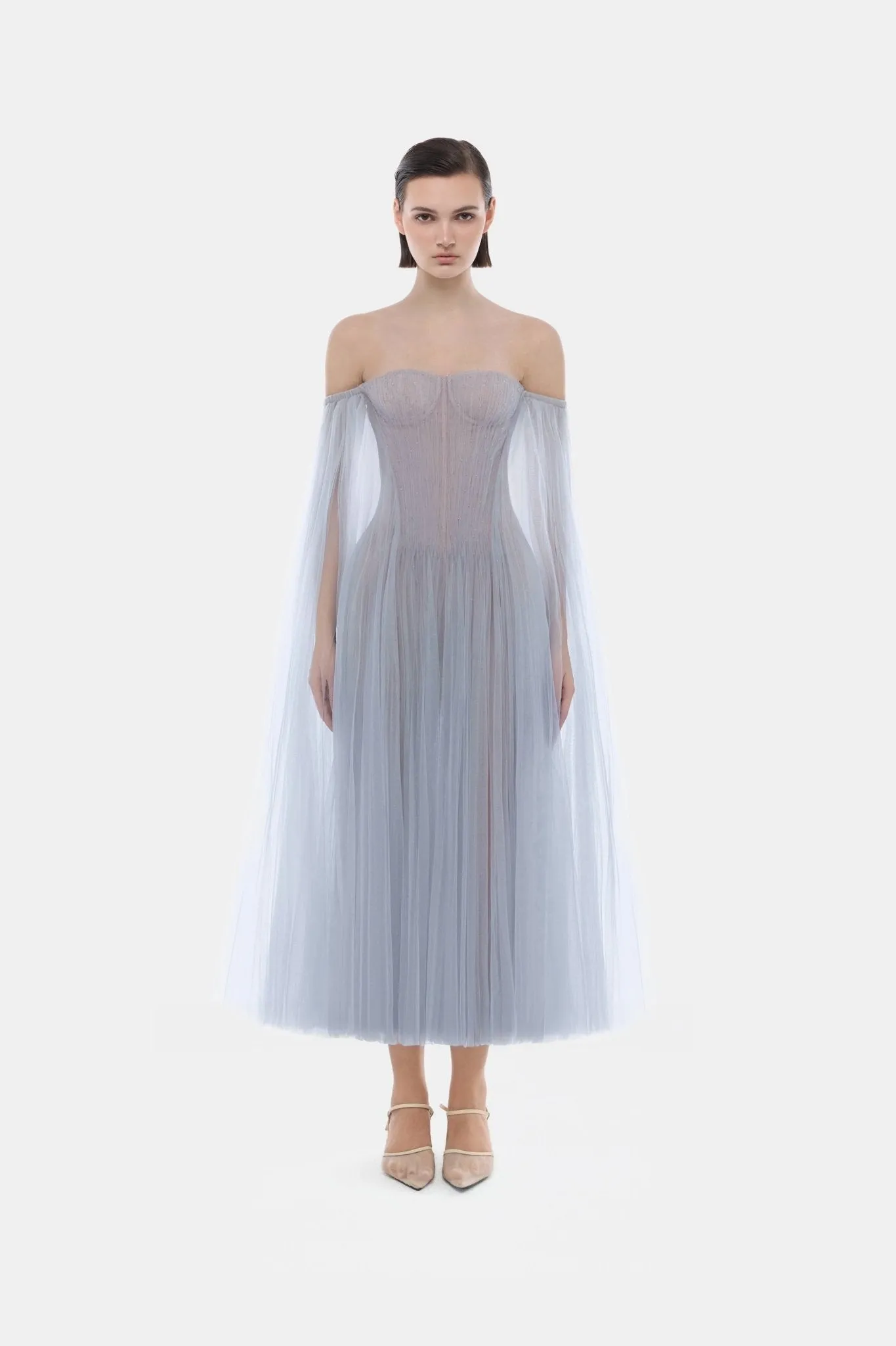 Blue Tulle Off-shoulder Midi Dress sold by Montsand