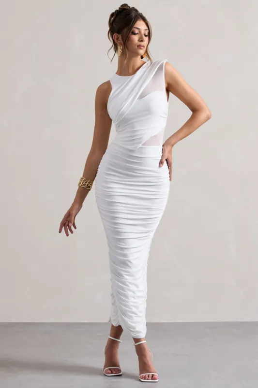 Born With It | White Sleeveless High-Neck Draped Maxi Dress With Mesh Inserts sold by Club L London