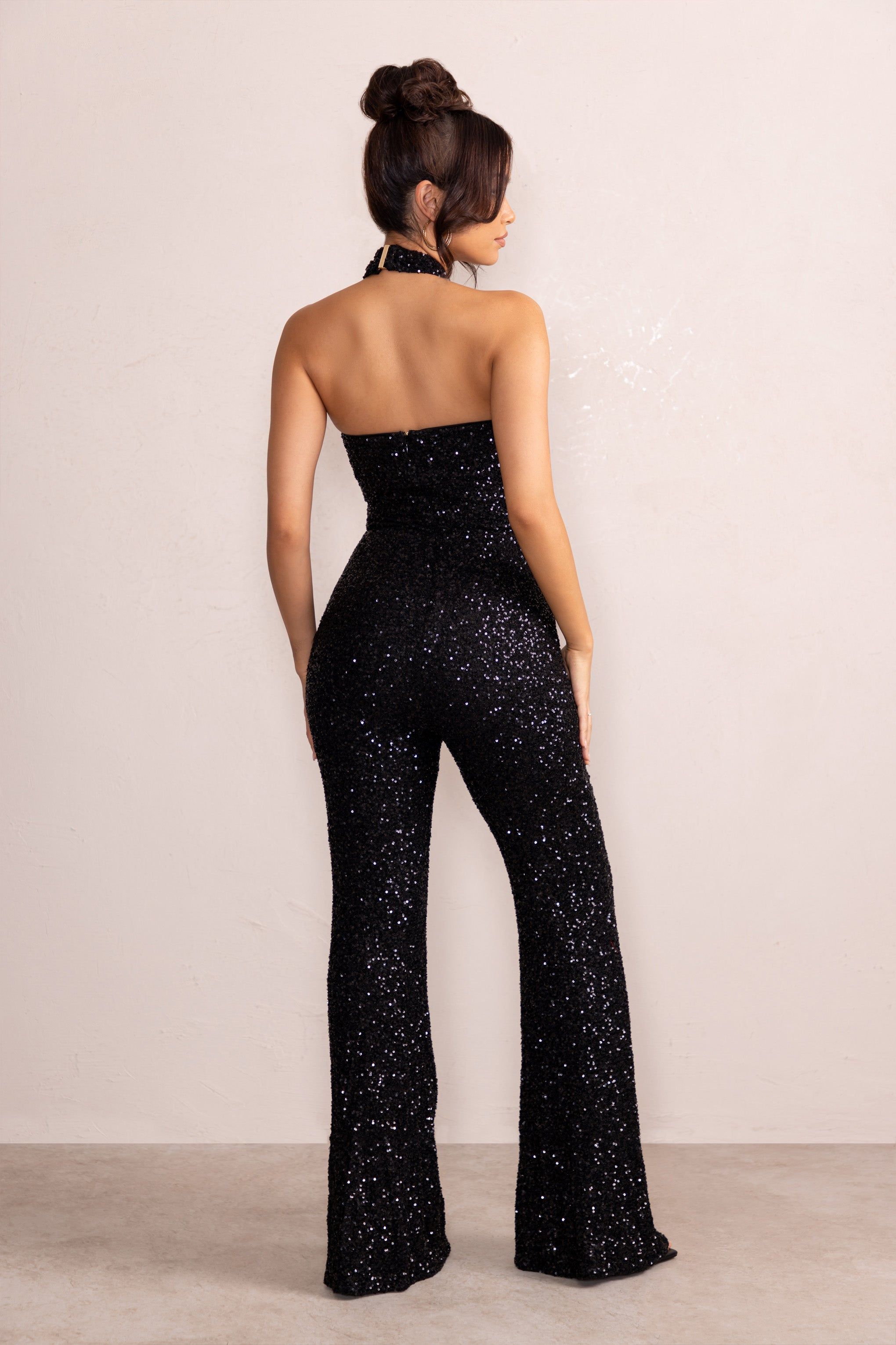 Josie | Black Sequin Halter Neck Flare Jumpsuit sold by Club L London product image thumbnail 2