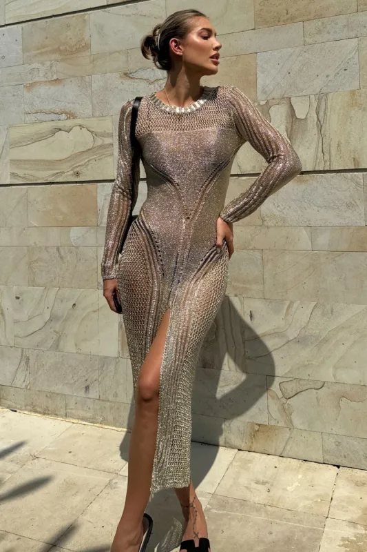 Caribbean | Gold Crochet Long-Sleeve Split Maxi Dress sold by Club L London