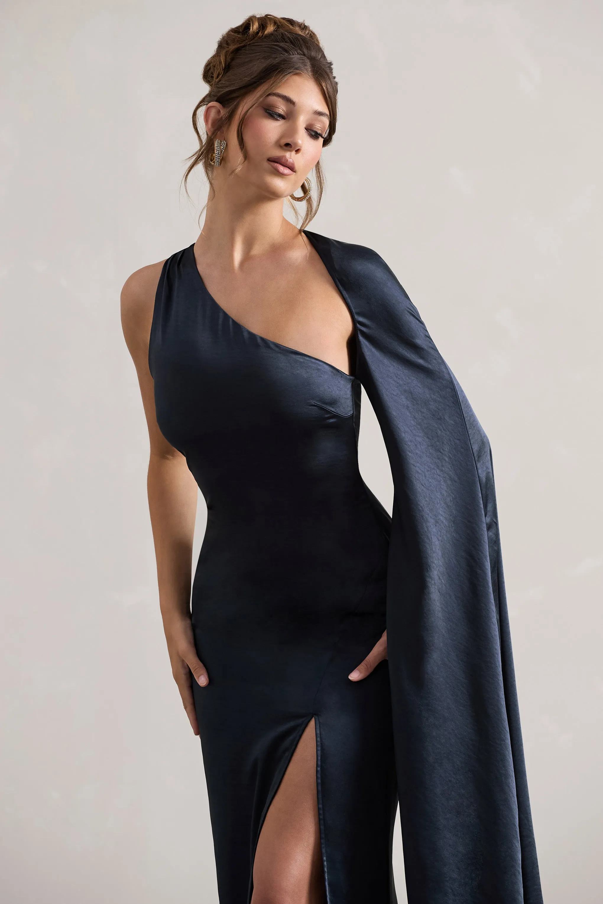 Gala | Navy Satin One-Shoulder Cape Sleeve Split Maxi Dress sold by Club L London product image thumbnail 3