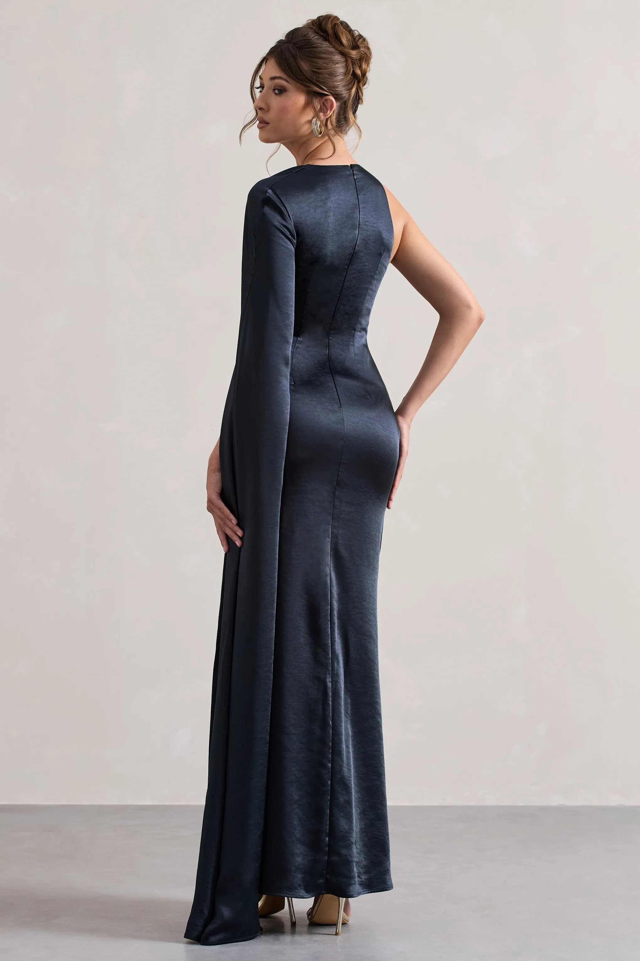 Gala | Navy Satin One-Shoulder Cape Sleeve Split Maxi Dress sold by Club L London product image thumbnail 2